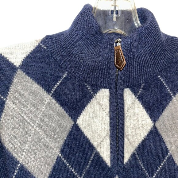 CASHMERE Argyle two ply gray blue quarter zip mens sweater M - Picture 3 of 5